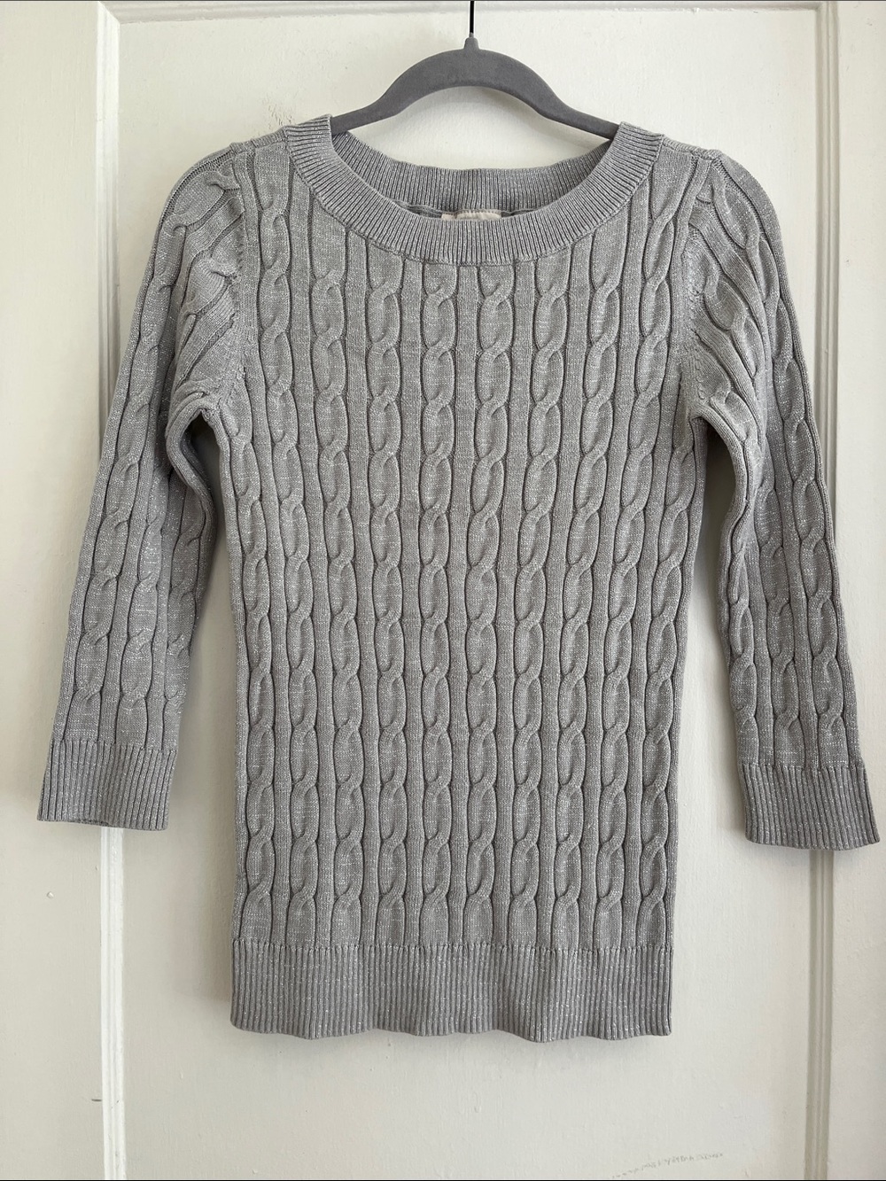 LOFT Gray & Silver Metallic Cable Knit Tight Fit Cotton Blend Holiday Sweater M